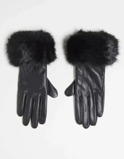Gloves*Barbour Fur Trimmed Leather Gloves In Black