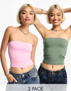 Multipacks*Bershka 2 Pack Bandeau Tops In Khaki & Pink White