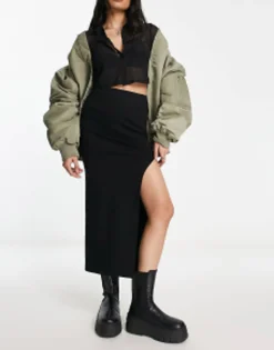 Skirts*Bershka Midi Skirt With Front Slit In Black