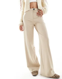 Trousers & Leggings*Bershka Petite Wide Leg Slouchy Dad Tailored Trousers In Mushroom