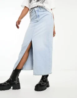 Skirts*Bershka Raw Hem Split Hem Denim Midi Skirt In Light Blue