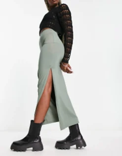 Skirts*Bershka Ribbed Midaxi Skirt In Khaki