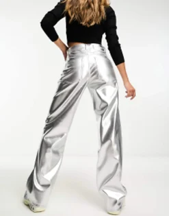 Trousers & Leggings*Bershka Straight Leg Faux Leather Trousers In Silver