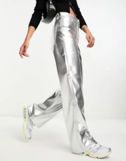 Trousers & Leggings*Bershka Straight Leg Faux Leather Trousers In Silver