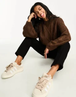 Petite*Brave Soul Petite Tokyo Oversized Cable Knit Jumper In Chocolate Brown