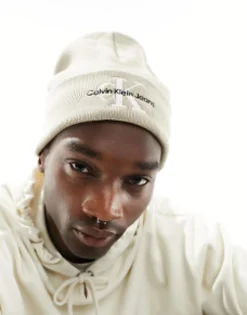 Beanies*Calvin Klein Jeans Monogram Logo Embroidered Beanie In Taupe Plaza Taupe