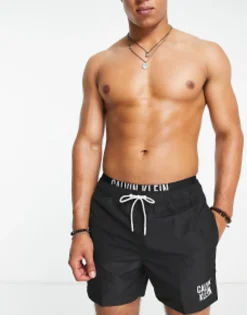 Swimwear*Calvin Klein Small Thigh Logo Swim Shorts In Black