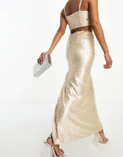 Petite*Collective The Label Petite Exclusive Embellished Maxi Skirt Co-Ord In Champagne Champagne Gold