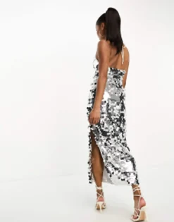 Petite*Collective The Label Petite Exclusive Disc Sequin Midi Dress In Silver