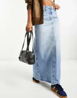 Skirts*Collusion A-Line Long Maxi Denim Skirt In Vintage Blue Wash Light Blue