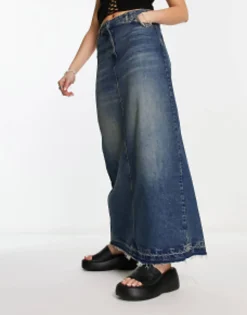 Skirts*Collusion Long Maxi Denim Skirt In Blue Dirty Wash Mid Blue