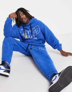 Tall*Crooked Tongues Co-Ord In Teddy Borg With Logo And Character Embroidery In Blue
