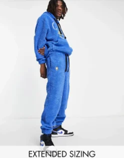Tall*Crooked Tongues Co-Ord In Teddy Borg With Logo And Character Embroidery In Blue