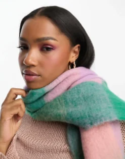 Scarves*Daisy Street Check Blanket Scarf In And Purple Check Green
