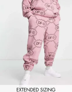 Tall*DESIGN Dark Future Co-Ord Relaxed Joggers In Teddy Borg With All Over Monogram Logo Print And Embroidery In Pink Light Pink