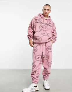 Tall*DESIGN Dark Future Co-Ord Relaxed Joggers In Teddy Borg With All Over Monogram Logo Print And Embroidery In Pink Light Pink