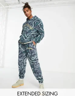 Tall*DESIGN Daysocial Co-Ord Relaxed Joggers In Polar Fleece With All Over Doodle Print In Navy