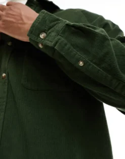 Tall*DESIGN 90 Oversized Raglan Sleeve Cord Shirt In Dark Green