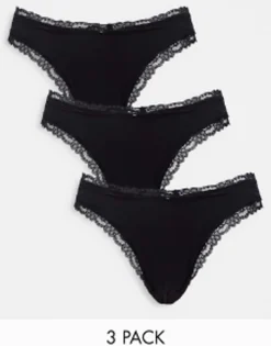 Multipacks*DESIGN 3 Pack Cotton & Lace Trim High Rise Malibu Thong In Black