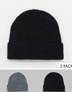 Beanies*DESIGN 2 Pack Fisherman Ribbed Beanie In Grey And Black Multi
