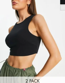 Multipacks*DESIGN 2 Pack High Neck Super Crop Vest In Black And White Multi