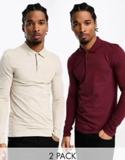 Polo Shirts*DESIGN 2 Pack Long Sleeve Muscle Fit Polo In Stone And Burgundy Multi