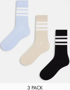 Socks*DESIGN 3 Pack Ribbed Ankle Socks With Stripe Detail In Stone/Blue/Charcoal Multi