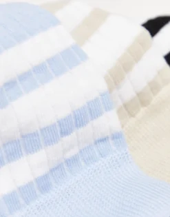 Socks*DESIGN 3 Pack Ribbed Ankle Socks With Stripe Detail In Stone/Blue/Charcoal Multi