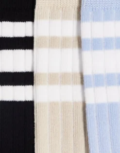 Socks*DESIGN 3 Pack Ribbed Ankle Socks With Stripe Detail In Stone/Blue/Charcoal Multi
