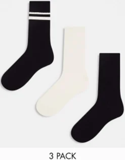 Socks*DESIGN 3 Pack Ribbed Stripe Ankle Socks In And Ecru Black
