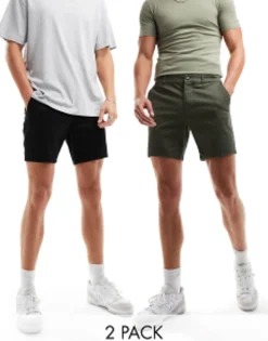 Shorts*DESIGN 2 Pack Slim Chino Shorts In Mid Length In Dark Khaki And Navy Multi