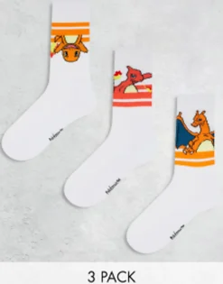 Socks*DESIGN 3 Pack Sunset Pok Mon Sports Socks In With Sports Stripes White