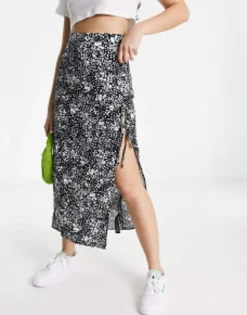 Skirts*DESIGN Bow Detail Midi Skirt With Thigh Split In Print Mono Smudge