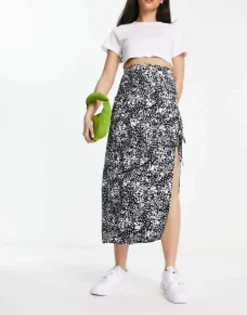 Skirts*DESIGN Bow Detail Midi Skirt With Thigh Split In Print Mono Smudge