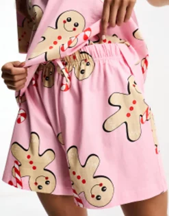 Gifts*DESIGN Christmas Gingerbread Oversized Tee & Short Pyjama Set In Pink