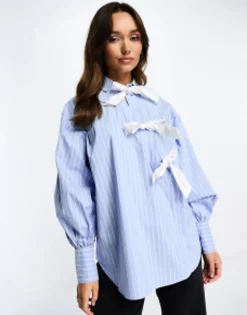 Shirts*DESIGN Contrast Bow Detail Shirt In Blue & White Stripe Blue/White Stripe