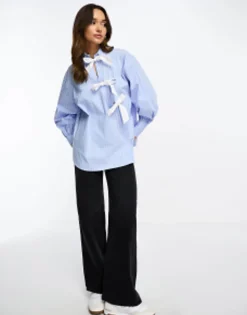 Shirts*DESIGN Contrast Bow Detail Shirt In Blue & White Stripe Blue/White Stripe