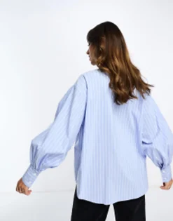 Shirts*DESIGN Contrast Bow Detail Shirt In Blue & White Stripe Blue/White Stripe