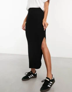 Skirts*DESIGN Co-Ord Knitted Rib Midi Skirt In Black