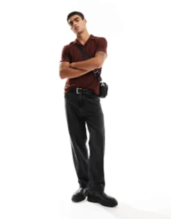 Polo Shirts*DESIGN Co-Ord Revere Polo Shirt In Shiny Rib Brown