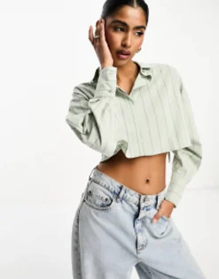 Shirts*DESIGN Cropped Shirt In Olive And Black Pinstripe Olive/Black