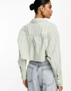 Shirts*DESIGN Cropped Shirt In Olive And Black Pinstripe Olive/Black