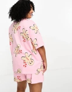 Gifts*DESIGN Curve Christmas Gingerbread Oversized Tee & Short Pyjama Set In Pink