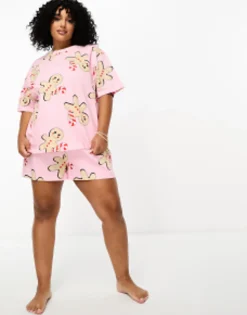 Gifts*DESIGN Curve Christmas Gingerbread Oversized Tee & Short Pyjama Set In Pink