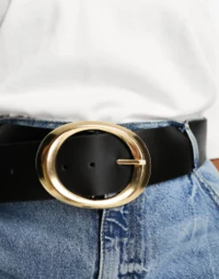 Belts*Curve Design Wide Waist Belt With Oval Gold Buckle Black