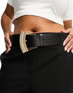 Belts*Curve Design Wide Waist Belt With Decorative Buckle Black