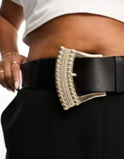 Belts*Curve Design Wide Waist Belt With Decorative Buckle Black