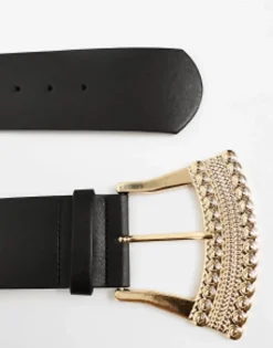 Belts*Curve Design Wide Waist Belt With Decorative Buckle Black