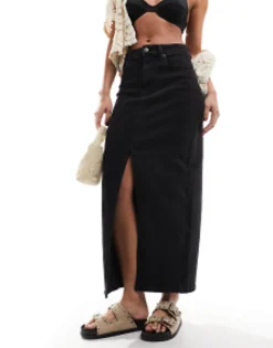 Skirts*DESIGN Denim Maxi Skirt With Split Hem In Washed Black