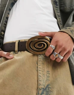 Belts*DESIGN Faux Leather Belt With Statement Buckle Brown
